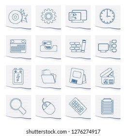 Computer, mobile phone and Internet icons on a piece of paper - Vector Icon Set