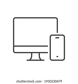 Computer and mobile phone line icon. Simple outline style. Desktop, device, monitor, display, smartphone, responsive concept. Vector illustration isolated on white background. EPS 10.