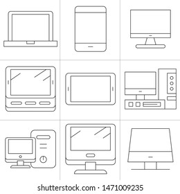 computer, mobile phone and smartphone icons thin line design