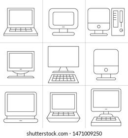 computer, mobile phone and smartphone icons thin line design