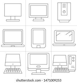 computer, mobile phone and smartphone icons thin line design