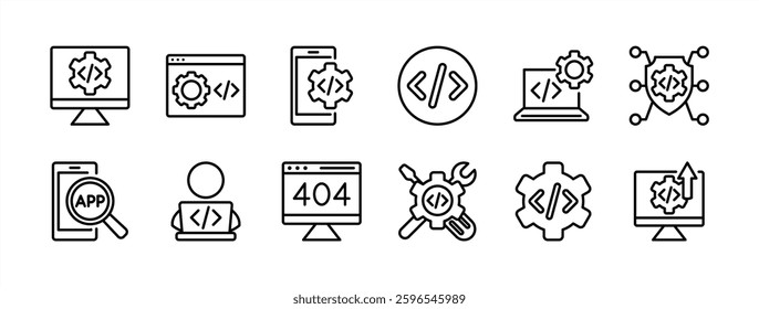 Computer and mobile programming code thin line icon set. Contains coding, software development, application, programmer, testing, website, 404, error, button, technology, setting. Vector illustration