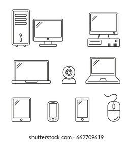 Computer and Mobile: thin monochrome icon set, black and white kit