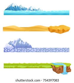 Computer mobile video game display with layers set with snowy surface and icy mountains, sand and brown clif, ground with stones and rock crag, green grass and waterfall vector illustration flat style