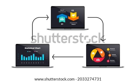 Computer mock up. Laptop infographic slide template. Cycle scheme. Internet global connection. Electronic device presentation. Notebook screen. 