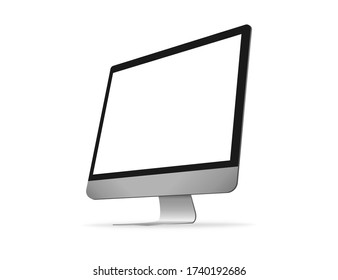 Computer mockup. Realistic design of desktop screen. Device display in grey metal style. Isolated monitor template. Monoblock in side view. Real computer mockup with shadow. Vector EPS 10