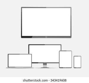 Computer mockup set. Lcd monitor, Laptop, tablet, mobile phone