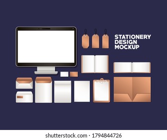 computer and mockup set on blue background of corporate identity and stationery design theme Vector illustration