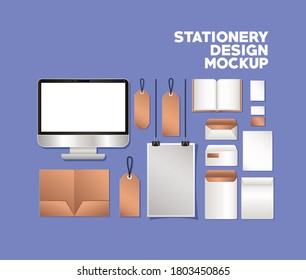 computer and mockup set on blue background of corporate identity and stationery design theme Vector illustration