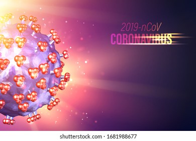 Modelo informático de bacterias Coronavirus en rayos futuristas sobre fondo violeta y partículas de flujo. Enfermedad similar a la gripe. 3d modelo de virus 19-nCov. Hospédese en casa para reducir el riesgo de Enfermedades Graves.
