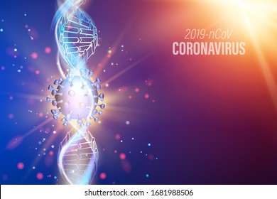 Computer model of Coronavirus in futuristic rays inside human DNA genome over violet background. 3d model of virus 19-nCov. Theoretic medical illustration. Medical illustration.