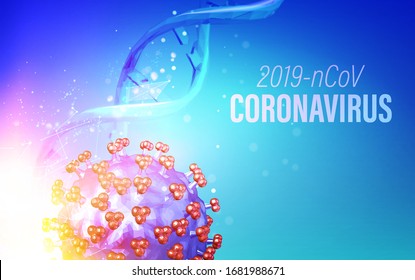 Computer model of Coronavirus in futuristic rays over violet background and dna molecule. 3d model of virus 19-nCov. Stay home to reduce your risk of Severe Illness. Coronavirus medical illustration.
