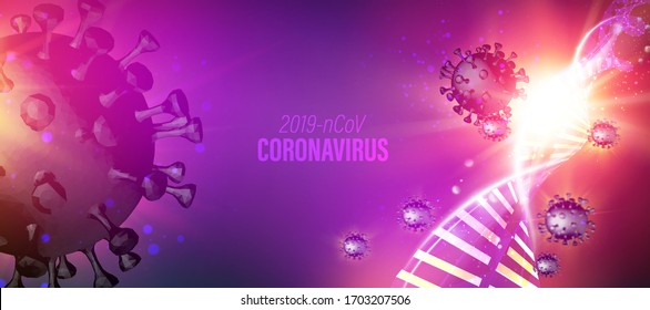 Computer Model Of Coronavirus In Futuristic Rays Inside Human DNA Genome Over Violet Background. 3d Model Of Virus 19-nCov. Medical Illustration.