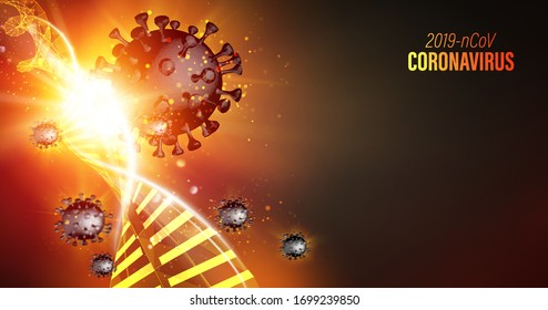 Modelo informático de Coronavirus en rayos rojos futuristas sobre fondo oscuro y molécula de dna. 3d modelo de virus 19-nCov. Hospédese en casa para reducir el riesgo de Enfermedades Graves. Ilustración médica de Coronavirus