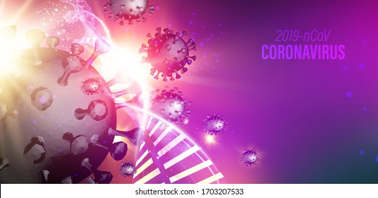 Computer model of Coronavirus in futuristic red rays over dark background and dna molecule. 3d model of virus 19-Cov. Stay home to reduce your risk of Severe Illness. Coronavirus medical illustration.