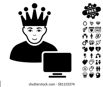 Computer Moderator icon with bonus decoration symbols. Vector illustration style is flat iconic black symbols on white background.