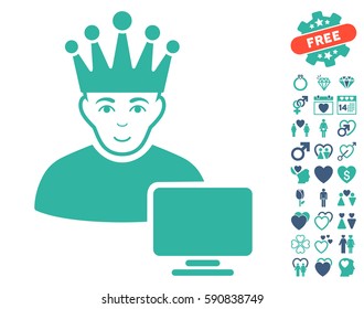 Computer Moderator icon with bonus marriage pictograph collection. Vector illustration style is flat iconic cobalt and cyan symbols on white background.