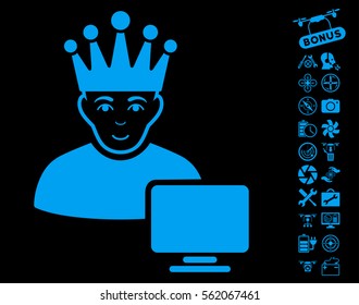 Computer Moderator icon with bonus nanocopter service clip art. Vector illustration style is flat iconic blue symbols on black background.