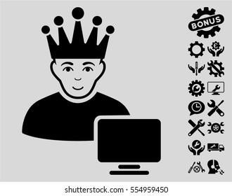 Computer Moderator icon with bonus service design elements. Vector illustration style is flat iconic black symbols on light gray background.