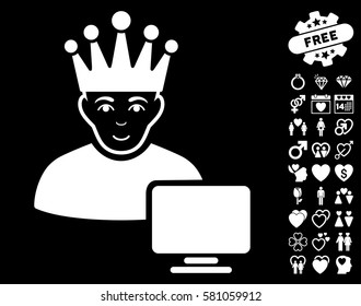 Computer Moderator pictograph with bonus amour pictograph collection. Vector illustration style is flat iconic white symbols on black background.