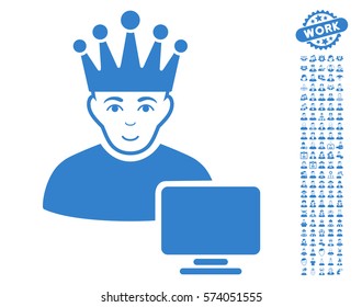 Computer Moderator pictograph with bonus avatar design elements. Vector illustration style is flat iconic cobalt symbols on white background.