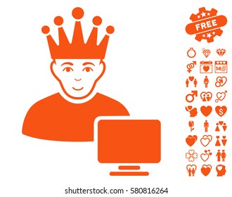 Computer Moderator pictograph with bonus lovely graphic icons. Vector illustration style is flat iconic orange symbols on white background.