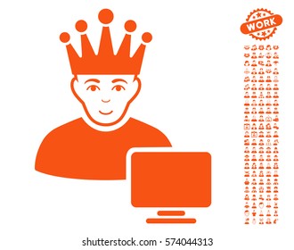 Computer Moderator pictograph with bonus men pictograms. Vector illustration style is flat iconic orange symbols on white background.