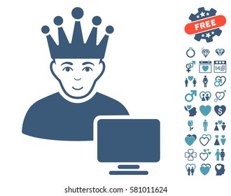Computer Moderator pictograph with bonus passion pictures. Vector illustration style is flat iconic cyan and blue symbols on white background.