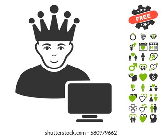 Computer Moderator pictograph with bonus romantic images. Vector illustration style is flat iconic eco green and gray symbols on white background.