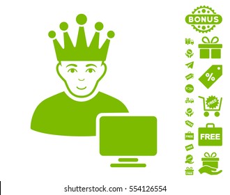 Computer Moderator pictograph with free bonus clip art. Vector illustration style is flat iconic symbols, eco green color, white background.
