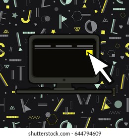 Computer. Modern geometric composition in trendy minimalistic style. Social networks, social media. Communication. Seamless pattern  with colorful alphabet letters under mask.
