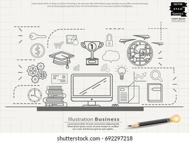 Computer -  modern Idea and Concept Vector illustration Business Infographic template with icon,trophy,world,Watch,cog,book,
Light bulbs,key,Magnifying glass,Pencil.
