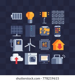 Computer modern technologies, artificial intelligence and server. Pixel art icons. CPU, microchip, washer. Energy sources charging station, windmills, electric lamp. Isolated vector illustration.