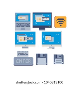 Computer modern technologies pixel art icons set, wifi internet sign, keyboard, retro floppy and monitor, display, ps. Isolated vector illustration. 8-bit sprite. 