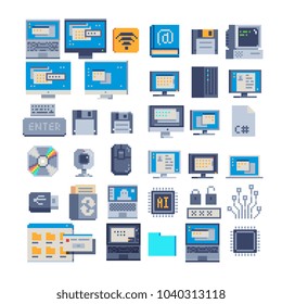 Computer modern technologies pixel art icons set. Neural network, CPU, programming and server. Digital electronics. 8-bit sprite. Isolated vector illustration. Game assets.