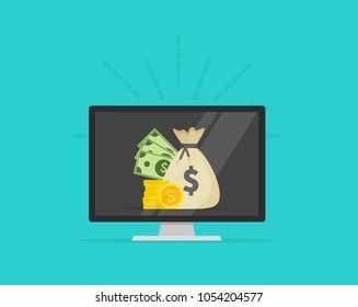 Computer with money bag and coins, concept or internet earnings, online finance, electronic bank tech, financial success, win prize or income. Flat design, vector illustration on background