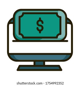 computer money banknote online financial business stock market vector illustration line and fill icon