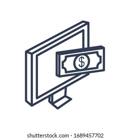 computer with money bill icon over white background, line style, vector illustration