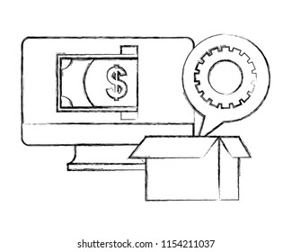 computer money cardboard box gear work hand drawing design
