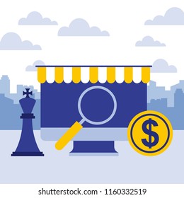 computer money chess king piece magnifying glass business