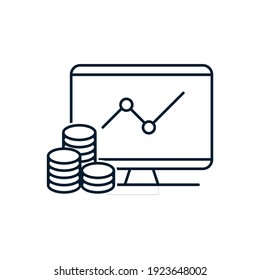 Computer, money, diagram. Concept for business strategy and planning, data and investment, business success, computer monitor with infographic elements. Vector icon isolated on white background. 