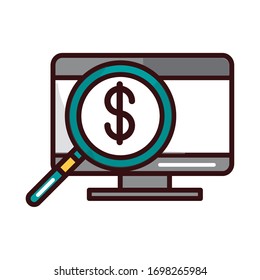 computer money magnifier analysis shopping or payment mobile banking vector illustration line and fill icon