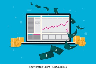 Computer and money - passive income concept - Make money with your personal computer. Illustration of laptop with money raining down. Side hustle and hobby profits. Vector illustration.