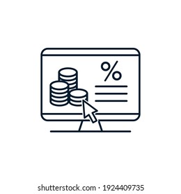 Computadora, dinero, porcentaje, cursor. Concepto de préstamo en línea. Icono del vector aislado en fondo blanco. 