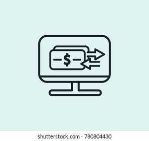 Computer money transfer icon line isolated on clean background. Bank transaction concept drawing icon line in modern style. Vector illustration for your web site mobile logo app UI design.