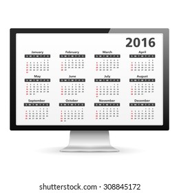 Computer monitor with 2016 Calendar, vector eps10 illustration