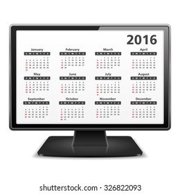 Computer monitor with 2016 Calendar, vector eps10 illustration