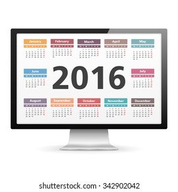 Computer monitor with 2016 calendar, vector eps10 illustration