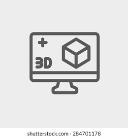 Computer monitor with 3D box icon thin line for web and mobile, modern minimalistic flat design. Vector dark grey icon on light grey background.
