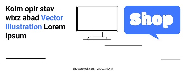 A computer monitor alongside a blue chat bubble with the word Shop. Includes placeholder text. Ideal for e-commerce websites retail digital marketing online shopping user experience. Banner